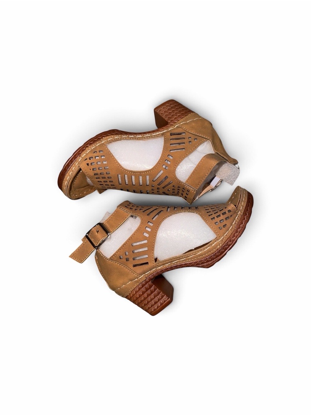 Tan Laser Cut Block Heel Sandals Open Toe Ankle Strap Boho Style